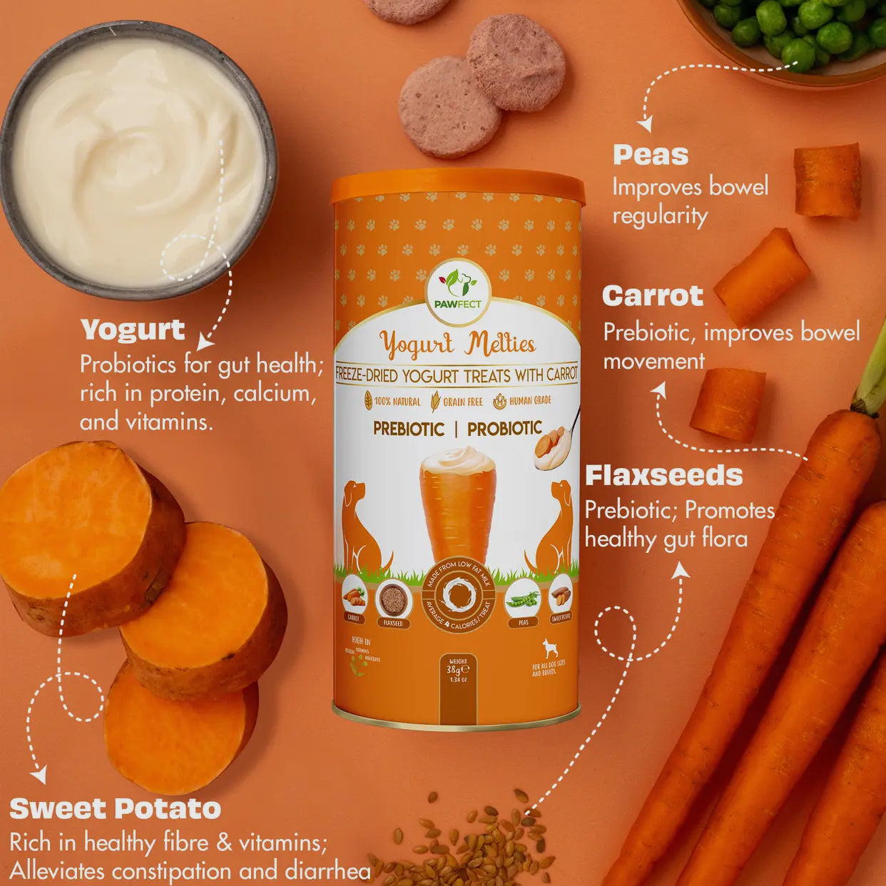 Yogurt Melties Prebiotic and Probiotic Dog Treats: Carrot,Yogurt & Flaxseed